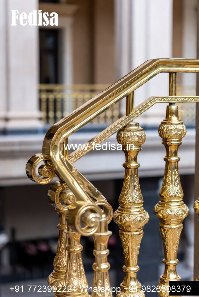 Decorative Brass Railing Design With Floral Patterns Wooden Hand Railing Design