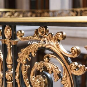 Elegant Brass Balcony Railing With Artistic Patterns Staircase Design With Wood