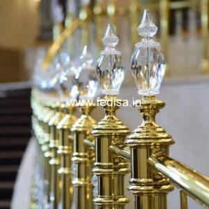 Decorative Brass Handrail With Artistic Detailing Etched Glass Railing Design