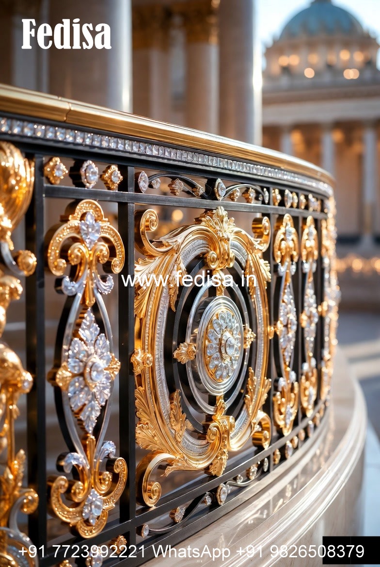Elegant Brass Staircase Railing With Artistic Work Small Grill Gate Design