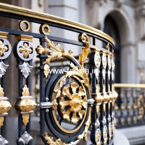 Designer Brass Stair Railing For Luxury Interiors Wooden Door With Steel Grill