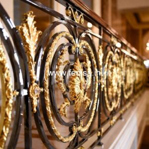 Stylish Brass Staircase Railing With Decorative Finish Wooden Door With Ss Grill