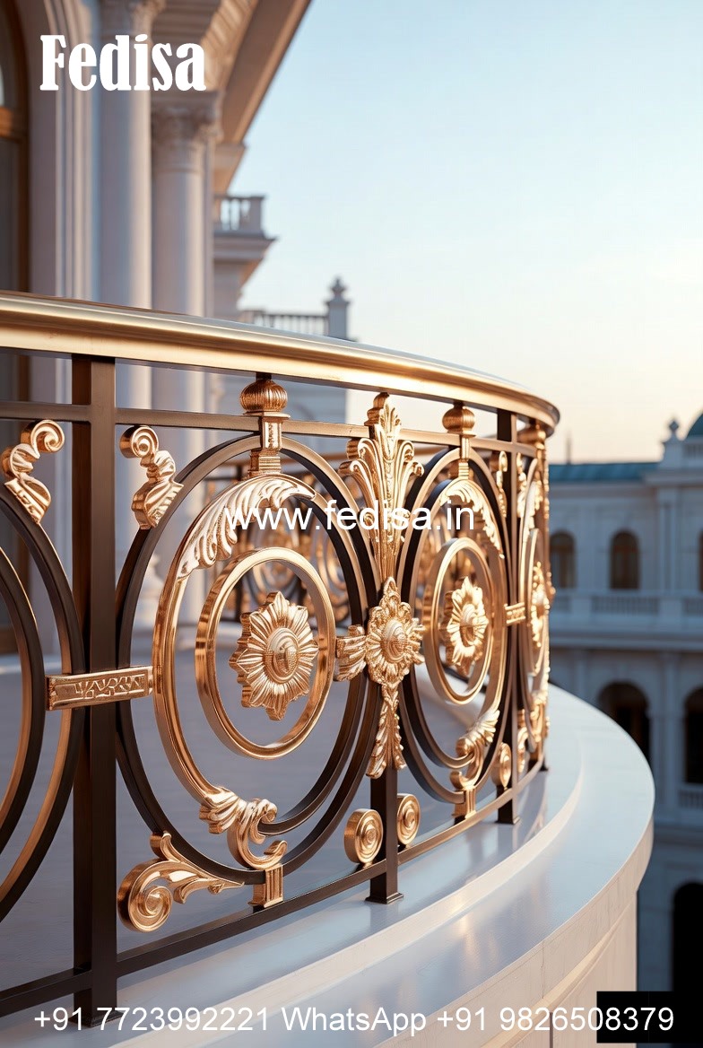 Elegant Brass Staircase Railing With Artistic Work Window Ki Jali Ki Design
