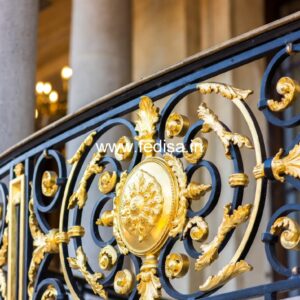 Elegant Brass Stair Railing With Classic Finish Half Grill Door Design