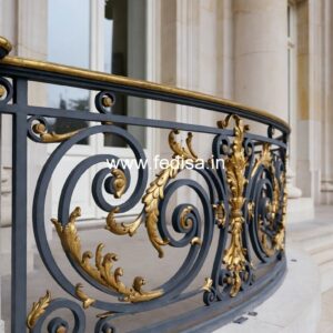 Stylish Brass Balcony Railing With Artistic Design Stairs In Living Room