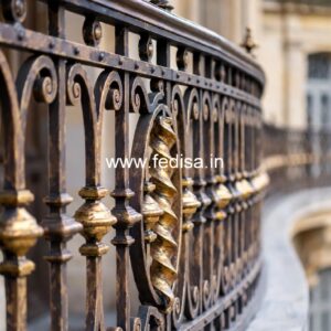Brass Balcony Railing With Decorative Pattern Wood And Metal Staircase Design