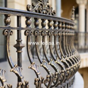 Elegant Brass Staircase Railing With Artistic Work Wooden Grill Design For Stairs