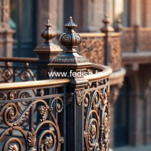 Brass Balcony Railing With Artistic Work LED Panel Design Under Stairs