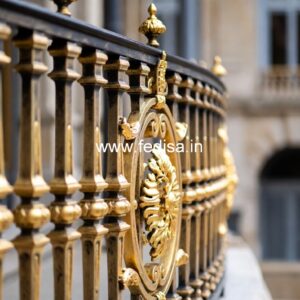 Elegant Brass Balcony Railing With Artistic Patterns C Shaped Staircase Design