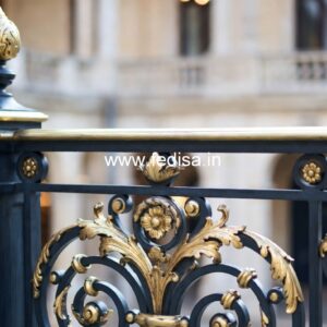 Classic Brass Staircase Railing With Royal Finish Window Design Near Staircase