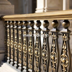 Designer Brass Stair Railing With Artistic Work Partition Of Stairs In Living Room