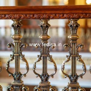 Designer Brass Balcony Railing With Unique Finish Marble Design On Stairs