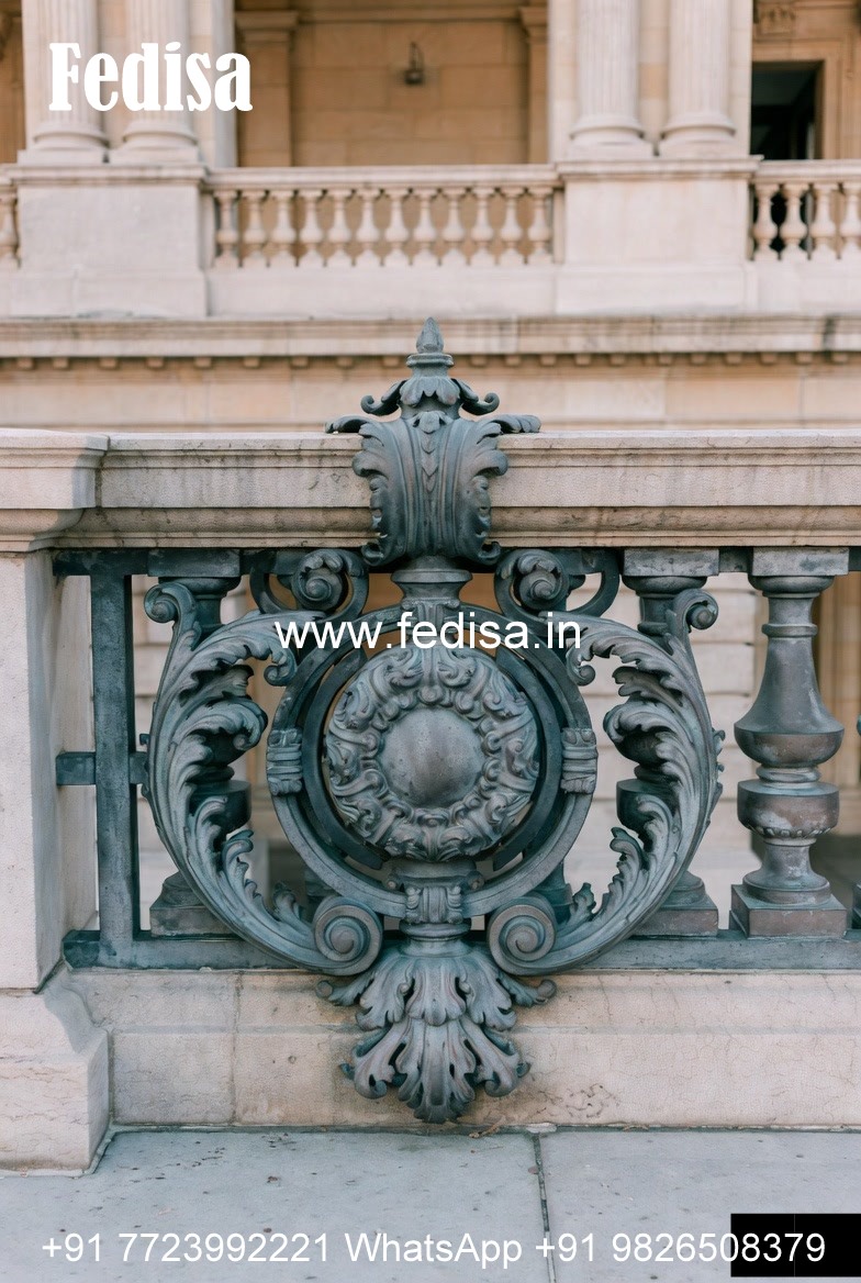Brass Balcony Railing With Decorative Pattern Floating Stairs Outside