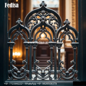 Window Grill Design With Floral Pattern For Classic Look Wooden Door With Steel Grill
